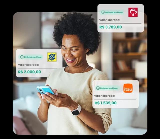 Mulher feliz usando celular com ofertas de empréstimo FGTS, incluindo valores liberados de diferentes bancos como Banco do Brasil, Itaú e Bradesco