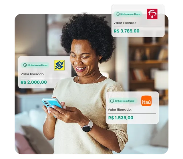 Mulher feliz usando celular com ofertas de empréstimo FGTS, incluindo valores liberados de diferentes bancos como Banco do Brasil, Itaú e Bradesco Mulher feliz usando celular com ofertas de empréstimo FGTS, incluindo valores liberados de diferentes bancos como Banco do Brasil, Itaú e Bradesco