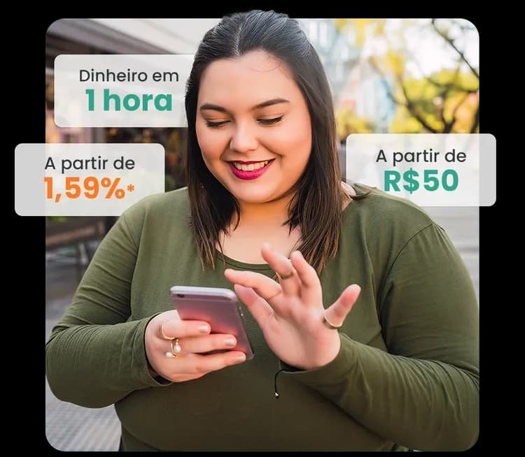 Mulher sorridente usando smartphone ao ar livre, promovendo opções de empréstimo FGTS com taxas a partir de 1,59% e valores mínimos de R$50